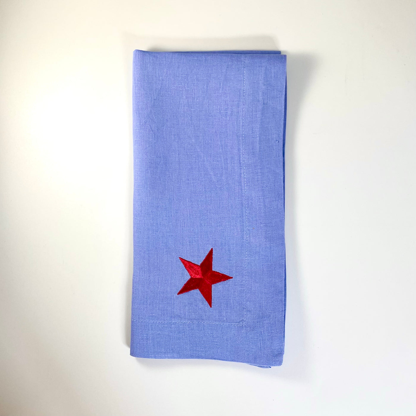 Blue and Red Linen Napkin with Embroidered Star