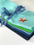 Turquoise and Orange Linen Napkin with Embroidered Star