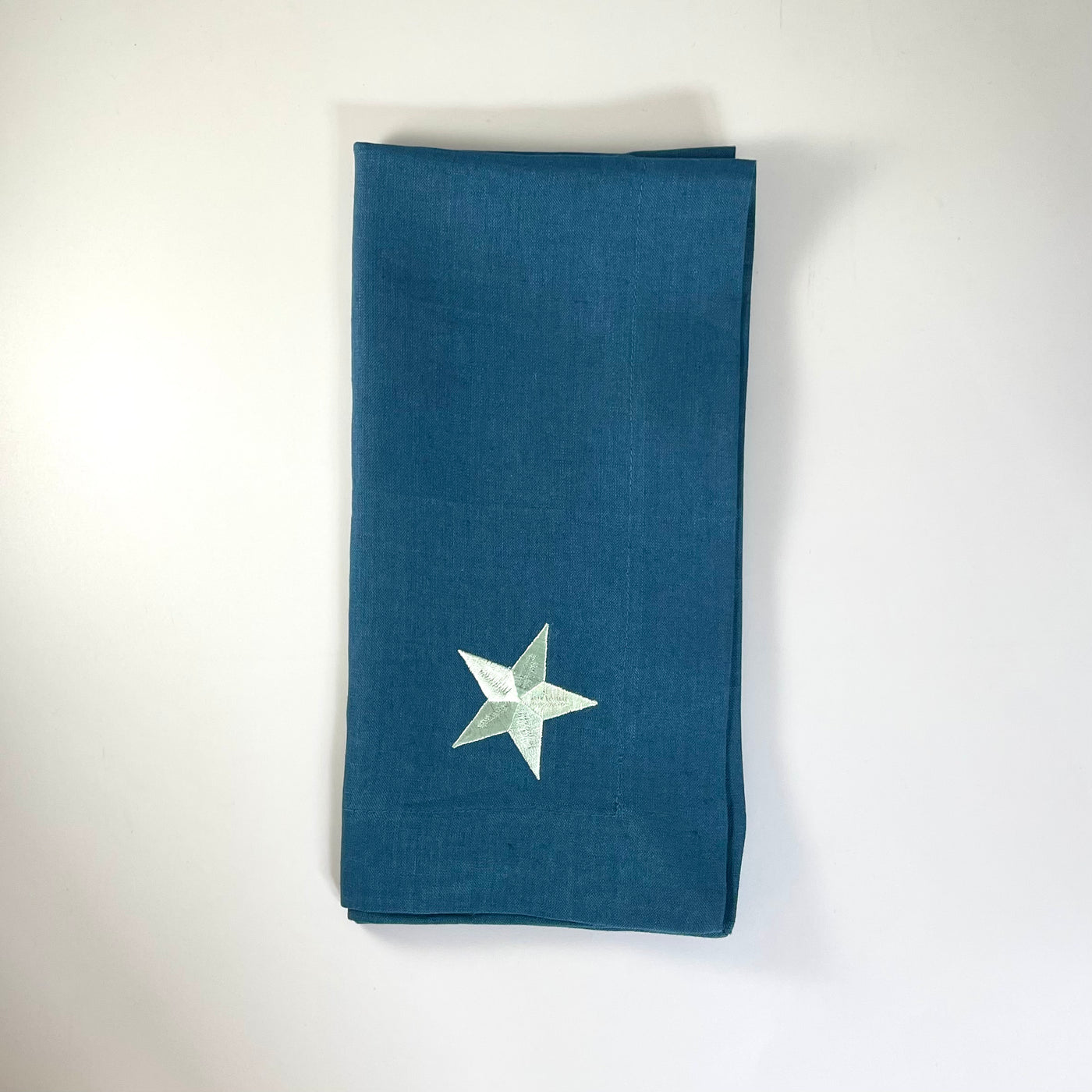 Teal and Pale Blue Linen Napkin with Embroidered Star