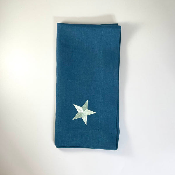 Teal and Pale Blue Linen Napkin with Embroidered Star